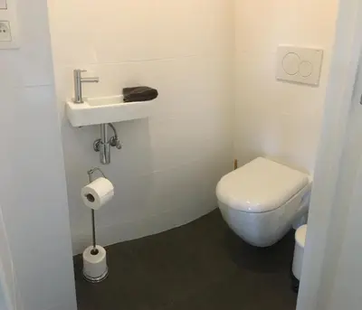a small bathroom with a toilet and a sink at Villa van Brienen - Studio in Dilsen-Stokkem