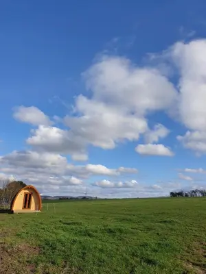 a tent in the middle of a green field at B&B La ferme du Château de Broich in Plombières