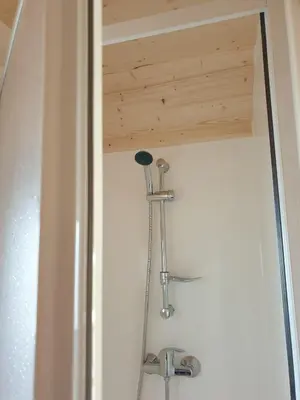 a shower in a bathroom with a wooden ceiling at B&B La ferme du Château de Broich in Plombières