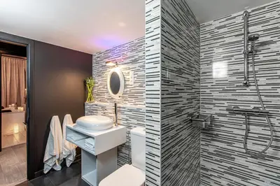 a bathroom with a shower and a toilet and a sink at Maison Noppius - Love Hotel in Liège