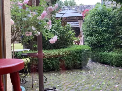 a garden with a table and pink roses at Gite de Caractère Le Lys Bleu in Limbourg