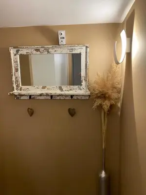 a mirror on a wall with a vase of flowers at Le Retour aux Sources - Chambre d'Hôte chaleureuse et conviviale in Chaudfontaine
