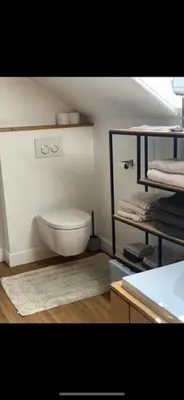 a bathroom with a toilet and a shelf with towels at Maas Lodge in Maaseik
