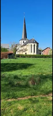 a church with a steeple on top of a grass field at Maas Lodge in Maaseik