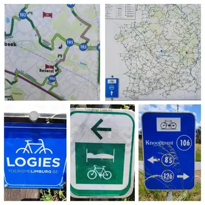 a collage of signs with a map and a bike sign at B&B Kerkevelde in Bilzen