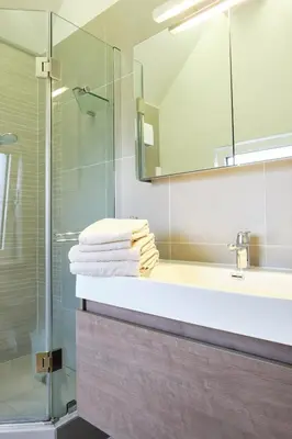 a bathroom with a sink and a glass shower at Pieters Huis in Kinrooi