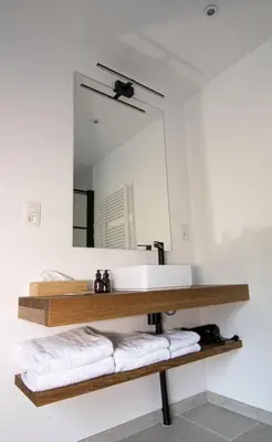 a bathroom with a sink and a mirror at 't pure genot in Dilsen-Stokkem