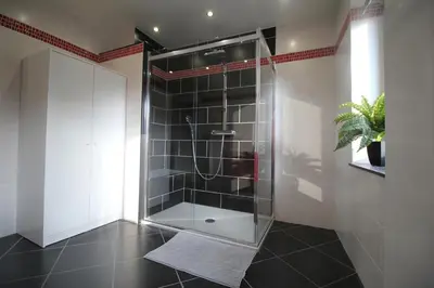 a glass shower in a bathroom with black tiles at Appart Nicolas in Eupen