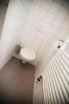 a white bathroom with a toilet and a radiator at Apartment De Maasnacht in Maaseik