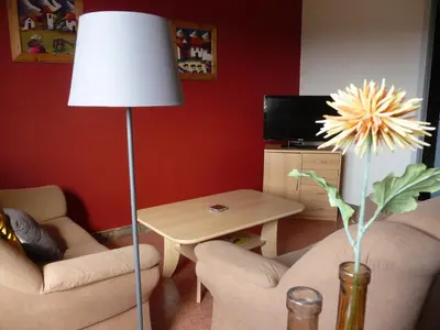 a living room with a couch and a table and a lamp at De Alpacaboerderij in Bocholt