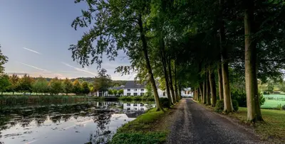a road lined with trees next to a river at Landgoed Altenbroek in Voeren