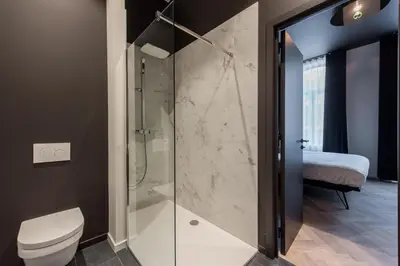 a bathroom with a toilet and a glass shower at Vinotel X in Tongeren