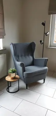 a blue couch in a living room with a table at Prinsheerlyck in As