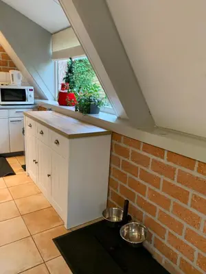 a kitchen with a brick wall and a counter top at La Casita E41 in Lanaken