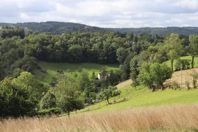 a grassy hill with trees and a house in the distance at L'Entre-Temps in Xhendelesse