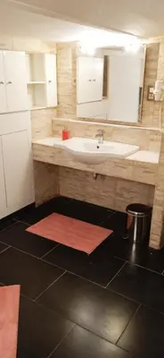 a bathroom with a sink and a mirror at liège 4420 rue jean Jaurès 45 grande maison joyeuse avec terrasse 30m2 pour 8 personnes maximum in Saint-Nicolas
