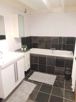 a bathroom with a white sink and a bath tub at Vakantiewoning 'De Vlaamse Aap' in Dilsen-Stokkem