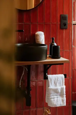 a bathroom with a sink and towels on a shelf at B&B het Notarishuis - authentiek verblijf nabij Maastricht in Voeren