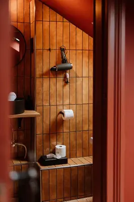 a bathroom with a tiled wall with toilet paper at B&B het Notarishuis - authentiek verblijf nabij Maastricht in Voeren