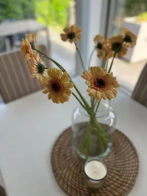 a vase filled with flowers sitting on a table at Ons Maashuisje in Maaseik