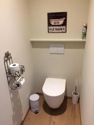 a bathroom with a white toilet and a shelf at Gezellig stadshuisje met patio. in Tongeren