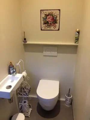 a bathroom with a white toilet and a sink at Gezellig stadshuisje met patio. in Tongeren