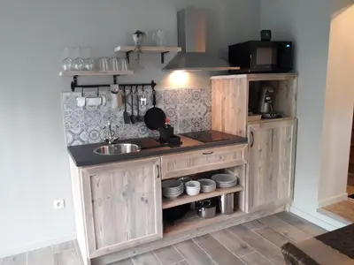 a kitchen with wooden cabinets and a sink at Het Innerhof in Oudsbergen