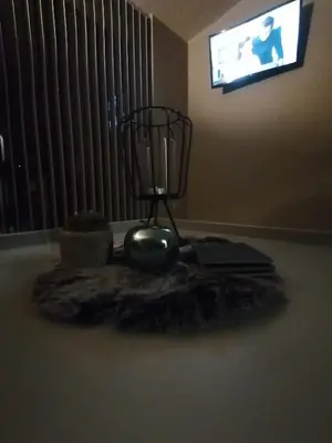 a room with a table with a fan and a television at Het Innerhof in Oudsbergen