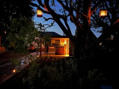 a tree in front of a building at night at Vakantiewoning De Winning in Houthalen-Helchteren