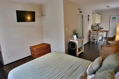 a bedroom with a bed and a tv on the wall at Vakantiewoning Casa Maran in een groene omgeving te Heusden-Zolder in Heusden - Zolder