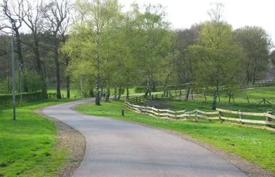 a winding road in a park with trees and a fence at De Bosdreef - Hengelhoef - duplex met verwarmd openluchtzwembad in Houthalen-Helchteren