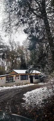 a house is covered in snow in a yard at 'T boshuisje in Oudsbergen