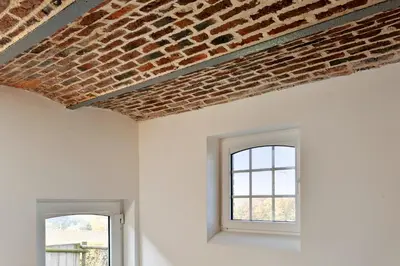 a brick ceiling in a room with two windows at Ô Macra B&B - Aubel, Pays de Herve in Aubel