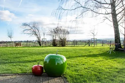 a green apple and two red apples sitting on the grass at Ô Macra House - Aubel, Pays de Herve in Aubel