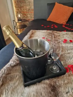 a bottle of champagne in a bucket on a bed with glasses at Suite Tino in Verviers