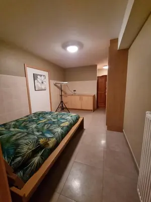 a bedroom with a bed with a green blanket at Susberg 3 in Pelt