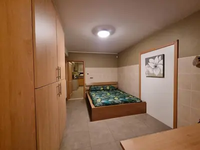 a small bedroom with a bed and a bathroom at Susberg 3 in Pelt