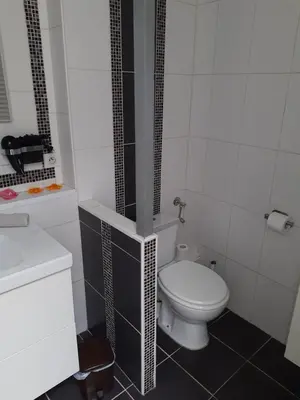 a small bathroom with a toilet and a sink at Agréable maison avec cour à 10min de Liège in Herstal