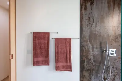 two towels hanging on a wall in a bathroom at Huis van Hout - architectenwoning met grote panorama tuin - design hot tub optioneel in Herk-de-Stad