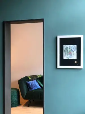 a mirror in a living room with a green couch at Gîte Jaja in Limbourg