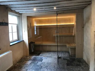 a sauna with a glass shower in a room at Gîte Jaja in Limbourg