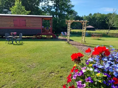 a garden with a house with a playground and flowers at Margaux B&B Babbita in Stokrooie