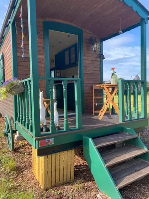 a small house with a green porch and stairs to it at Pia B&B Babbita in Hasselt