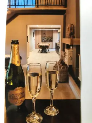 two wine glasses and a bottle of champagne on a table at de Kegelhoeve in Zonhoven