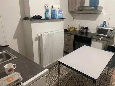 a small kitchen with a table and a counter top at Belle appartement sur liège in Liège