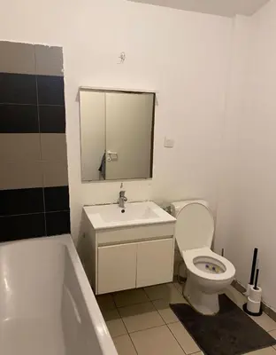 a bathroom with a tub and a toilet and a sink at Belle appartement sur liège in Liège