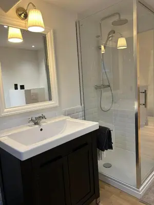 a bathroom with a sink and a shower at Ô Colombages in Les Biolles