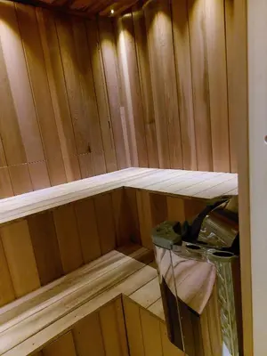 an inside view of a wooden sauna with at Holiday Home Mooi-Gemmenich in Plombières