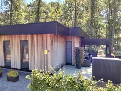 a small wooden building with trees in the background at Theressa - Free Wifi en Netflix in Zutendaal