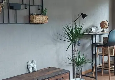 a room with a table with a plant and a lamp at Vakantiewoning - ‘t Ouwershuys in Opoeteren